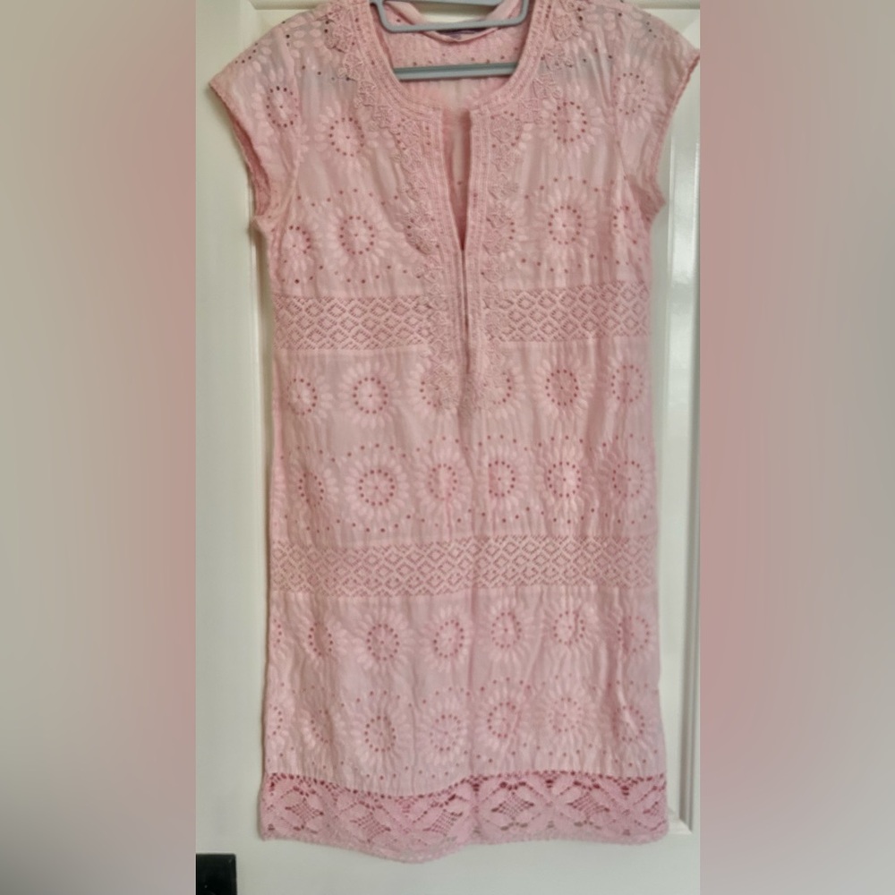 Calypso St. Barth blush embroidered cotton shift dress, lace hem band, XS